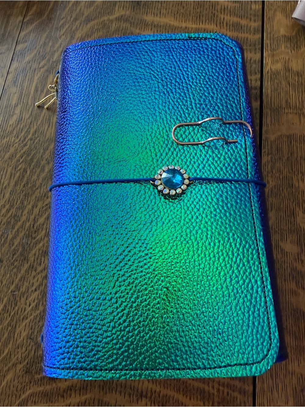 Iridescent Blue-Green A5 Journal Cover, with charms. Hand made/stitched.